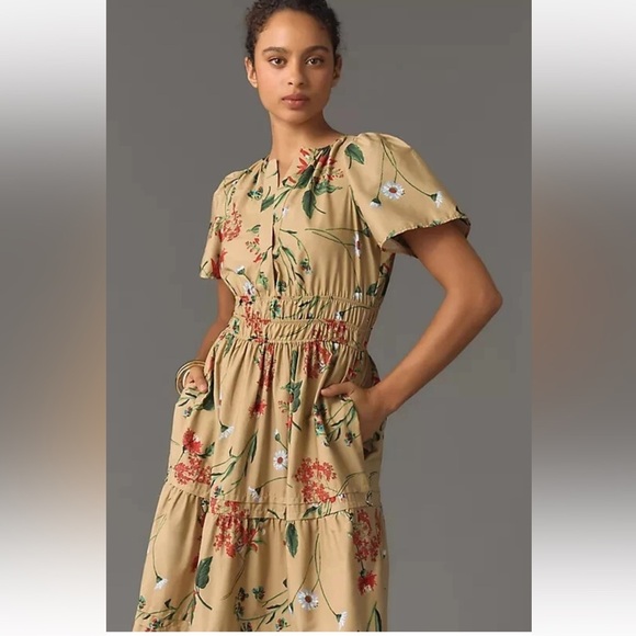 Anthropologie The Somerset Maxi Dress Cotton Tiered XL Khaki Beige Floral Puff - Picture 14 of 16